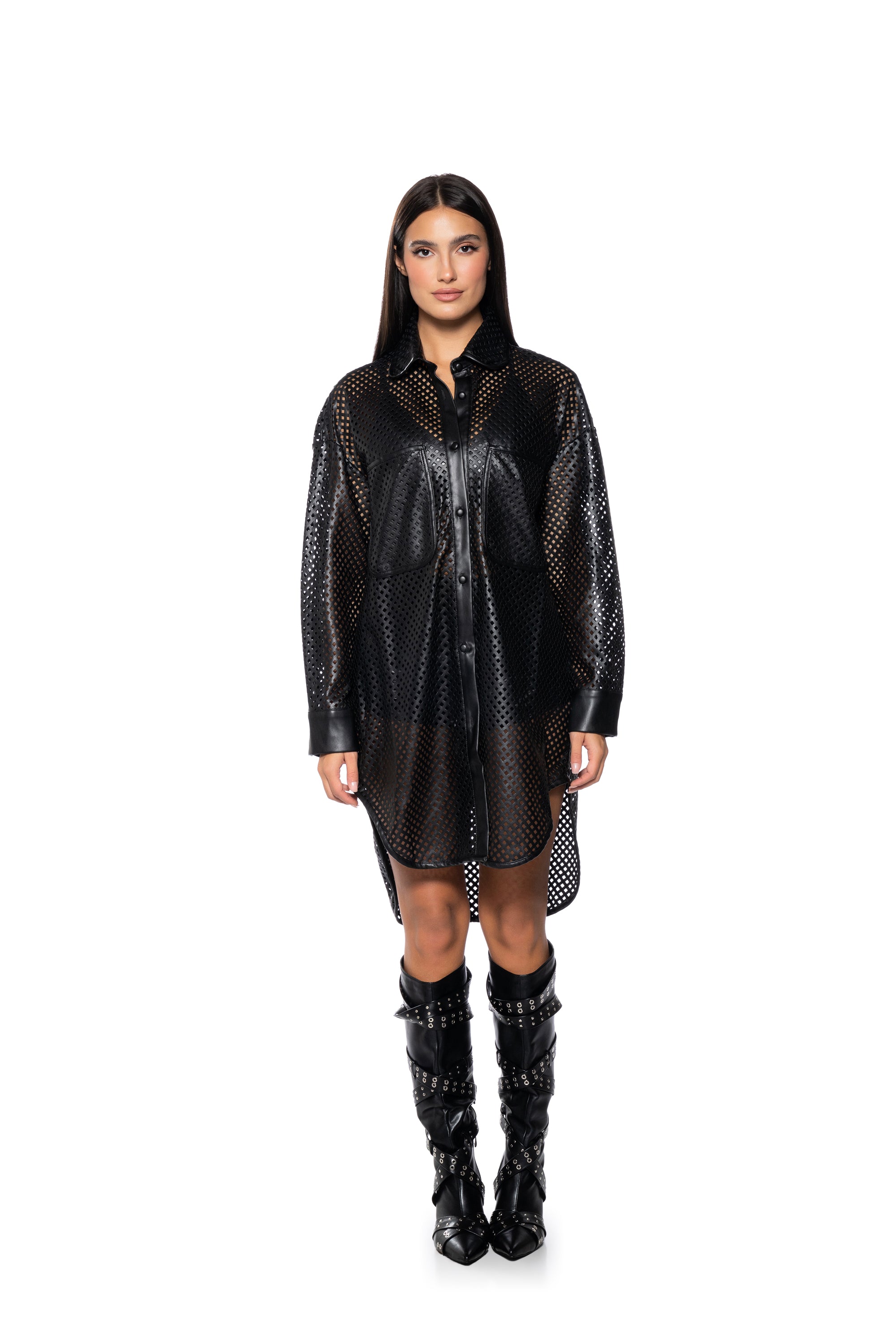 LASER CUT VEGAN LEATHER BUTTON DOWN DRESS