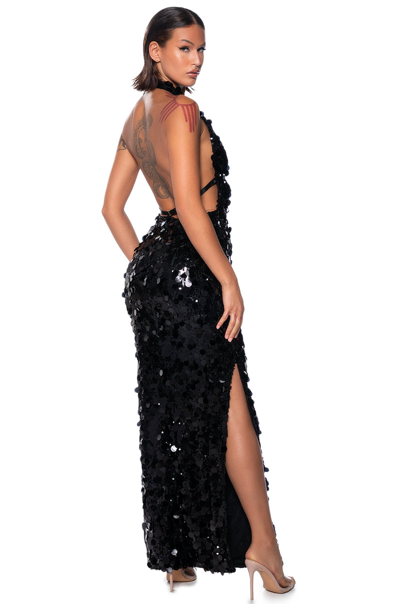 TURNING HEADS SEQUIN HALTER MAXI DRESS