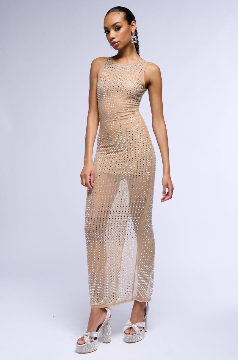 GLITZ AND GLAM RHINESTONE MESH MAXI DRESS