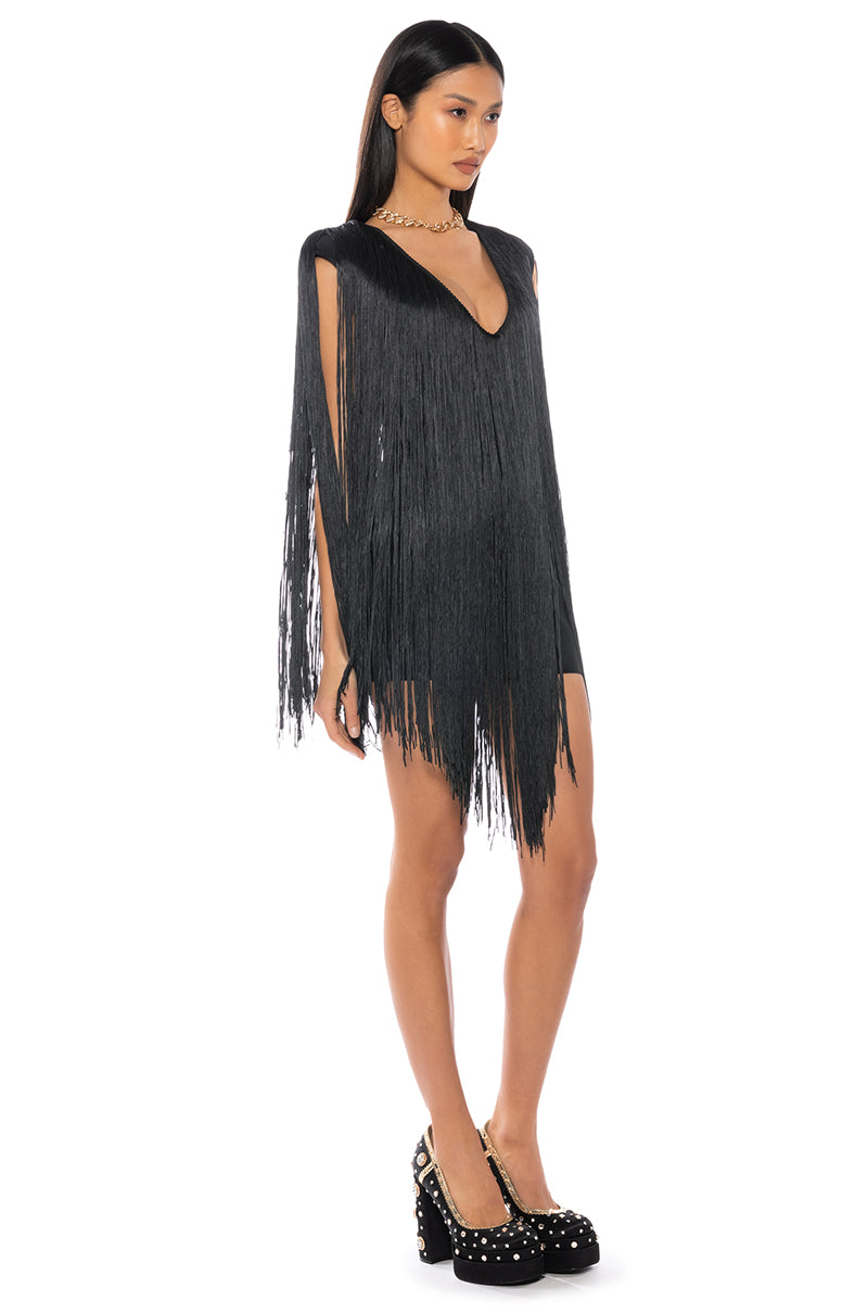 STEVIE DEEP V BANDAGE WITH FRINGE MINI DRESS