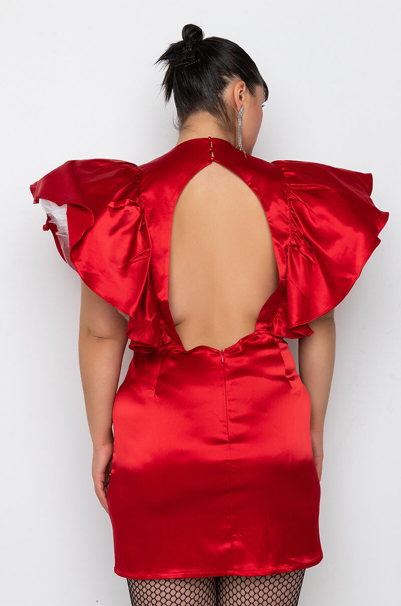 PLUS BACKOFF POWER SHOULDER SATIN MINI DRESS