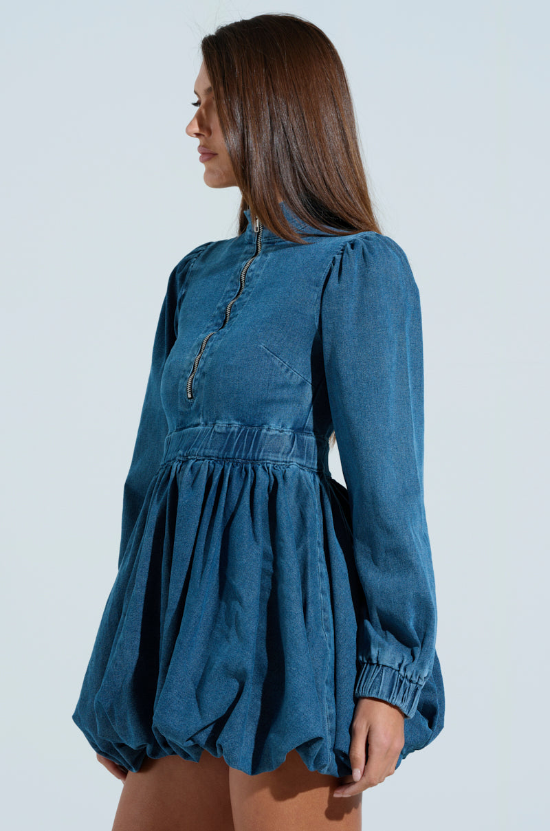 PASS THE BUBBLY DENIM MINI DRESS