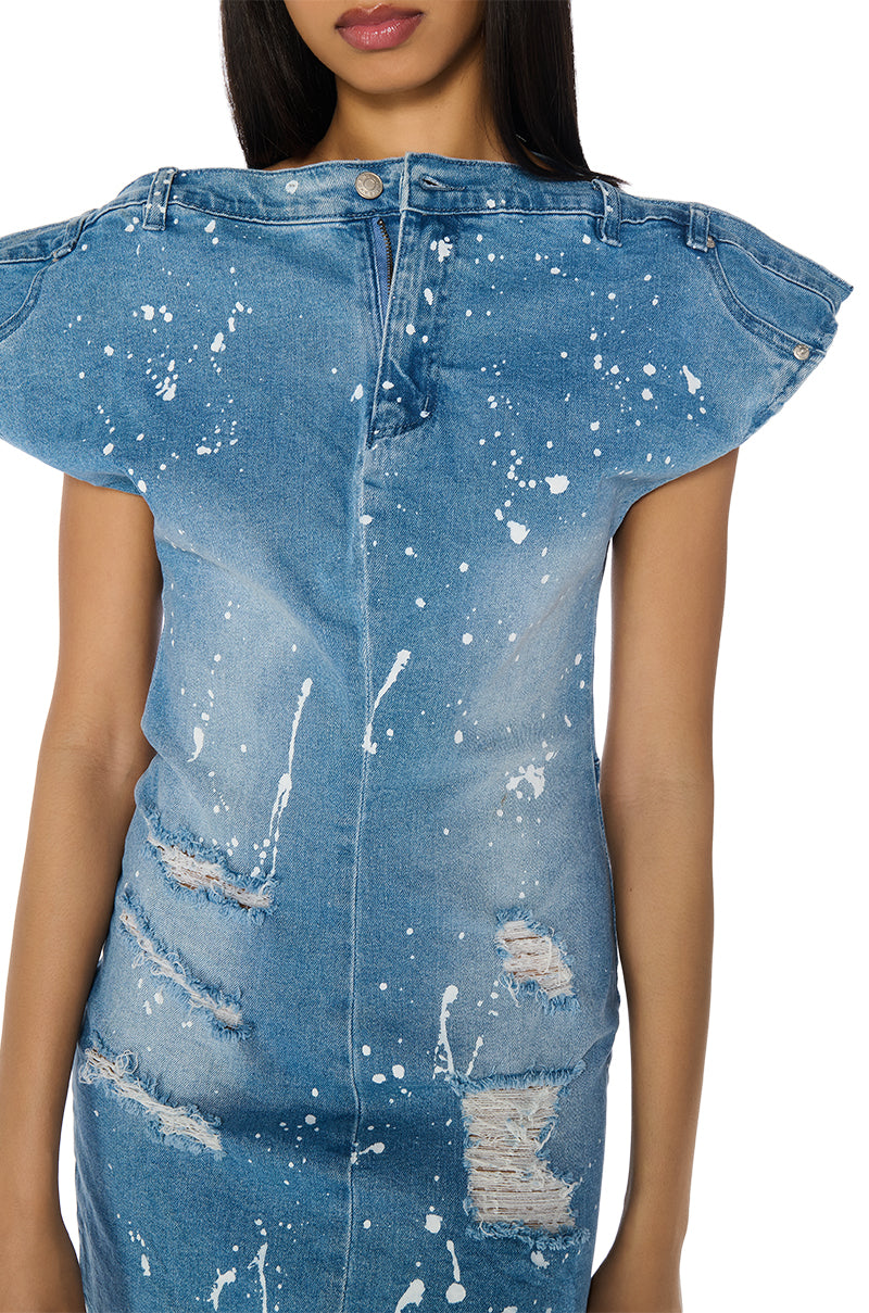 POLLOCK SPLATTER PAINT DENIM MINI DRESS