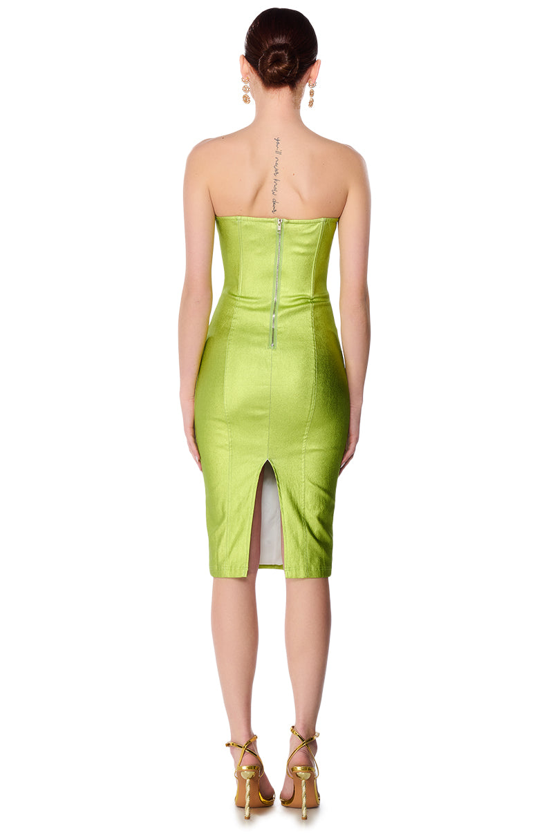 MEET ME IN THE METALLICS MIDI DRESS IN LIME