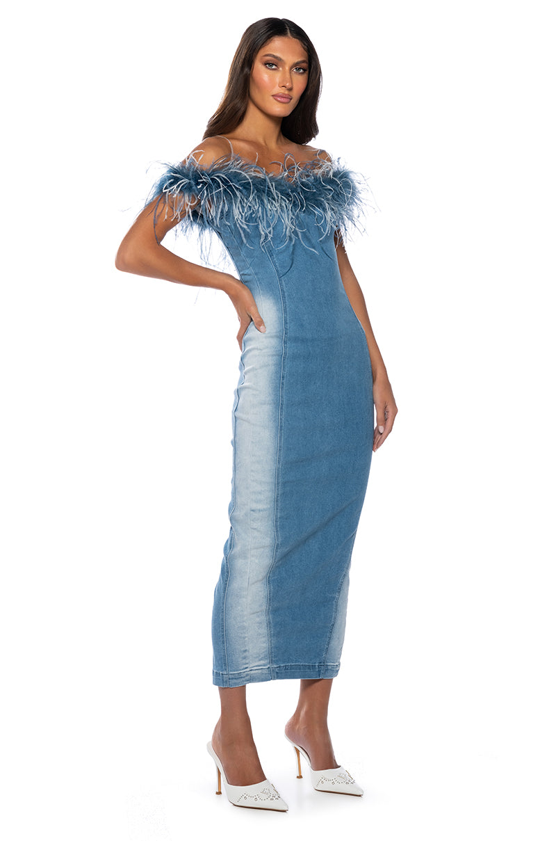 HIT THE TOWN FEATHER TRIM DENIM MAXI DRESS