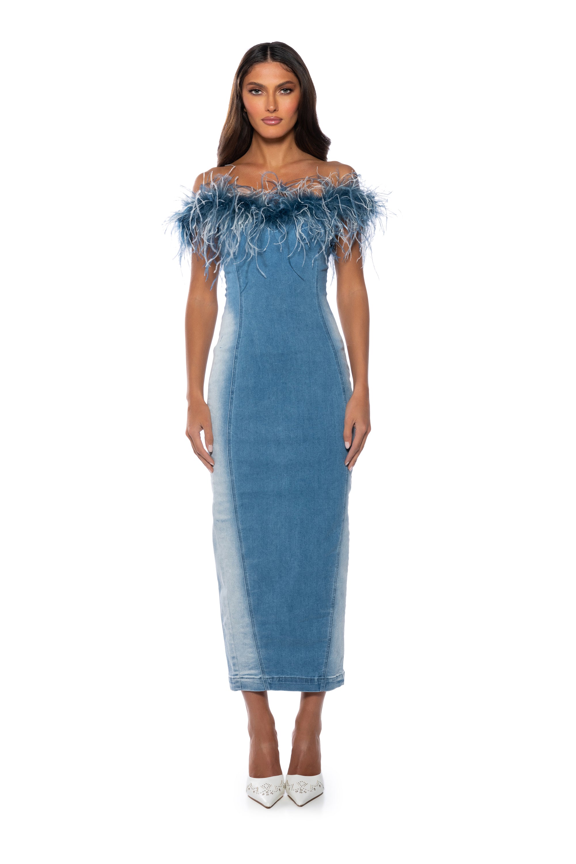 HIT THE TOWN FEATHER TRIM DENIM MAXI DRESS