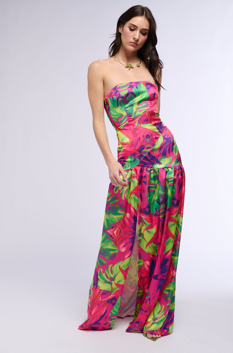 TROPICAL GETAWAY SATIN PRINTED MAXI DRESS