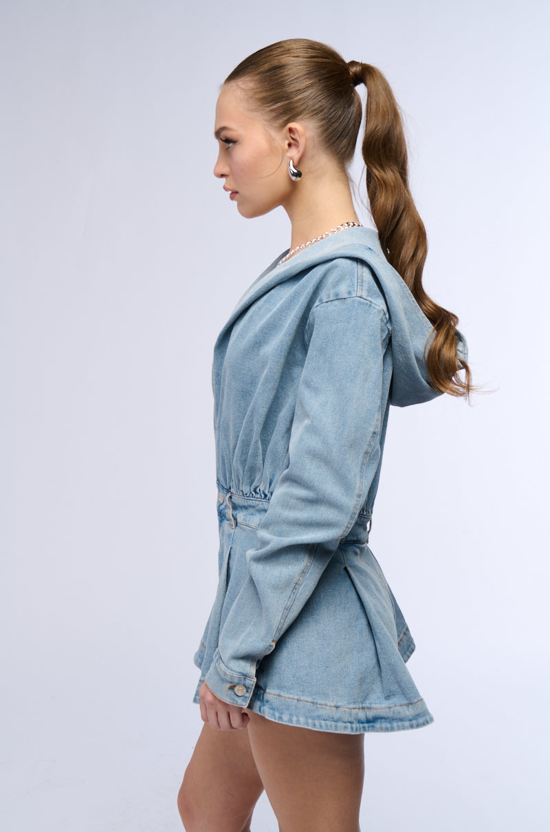 CHILL MORNING HOODED DENIM ROMPER