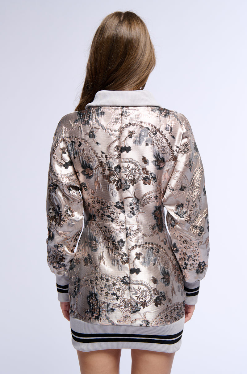 VARSITY BOMBER BROCADE DRESS WITH RIBBED TRIM