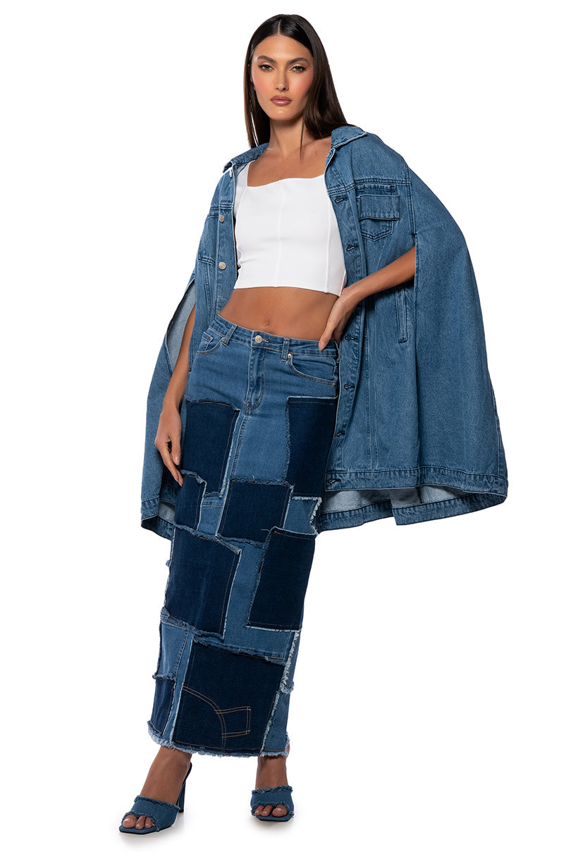 ALWAYS GOOD PATCHWORK DENIM MAXI SKIRT