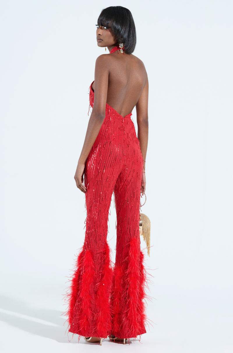 SHE'S SO CANDID MESH FEATHER EMBELLISHED JUMPSUIT