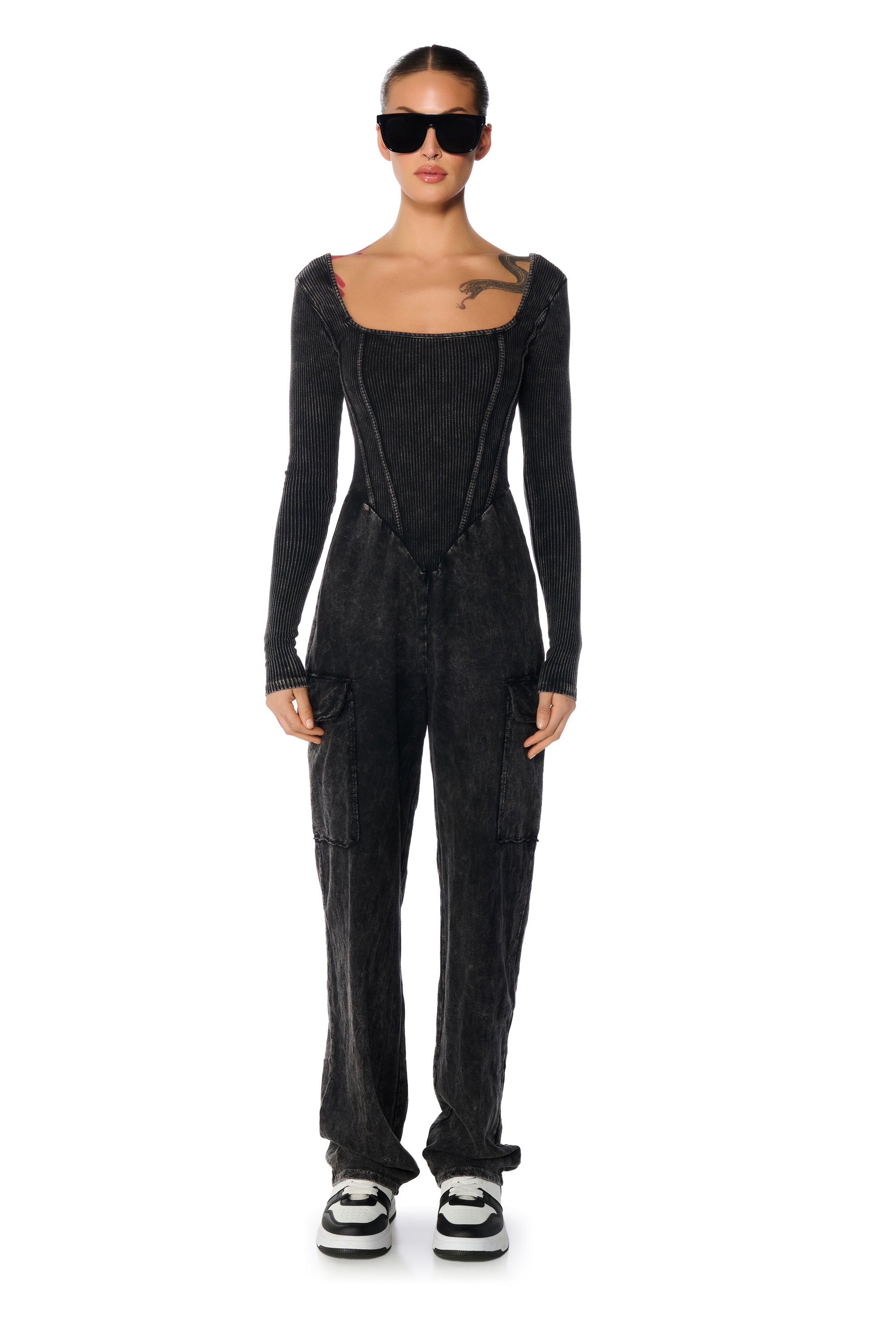 MILLIE MINERAL WASH CARGO JUMPSUIT IN BLACK