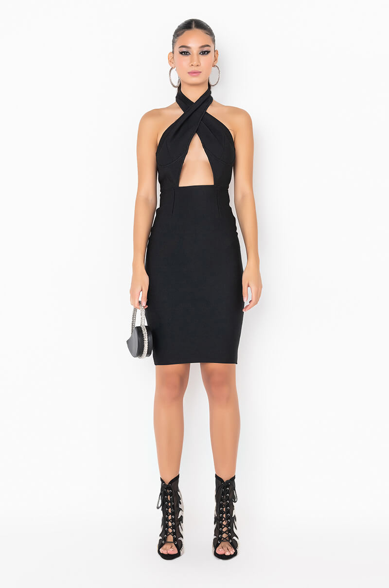 STEAL YOUR MAN CROSS FRONT BANDAGE MIDI DRESS