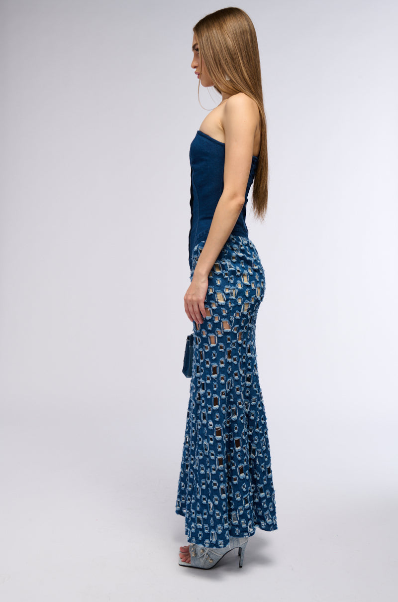 YOU KNOW THE VIBES CUT OUT DENIM MAXI DRESS