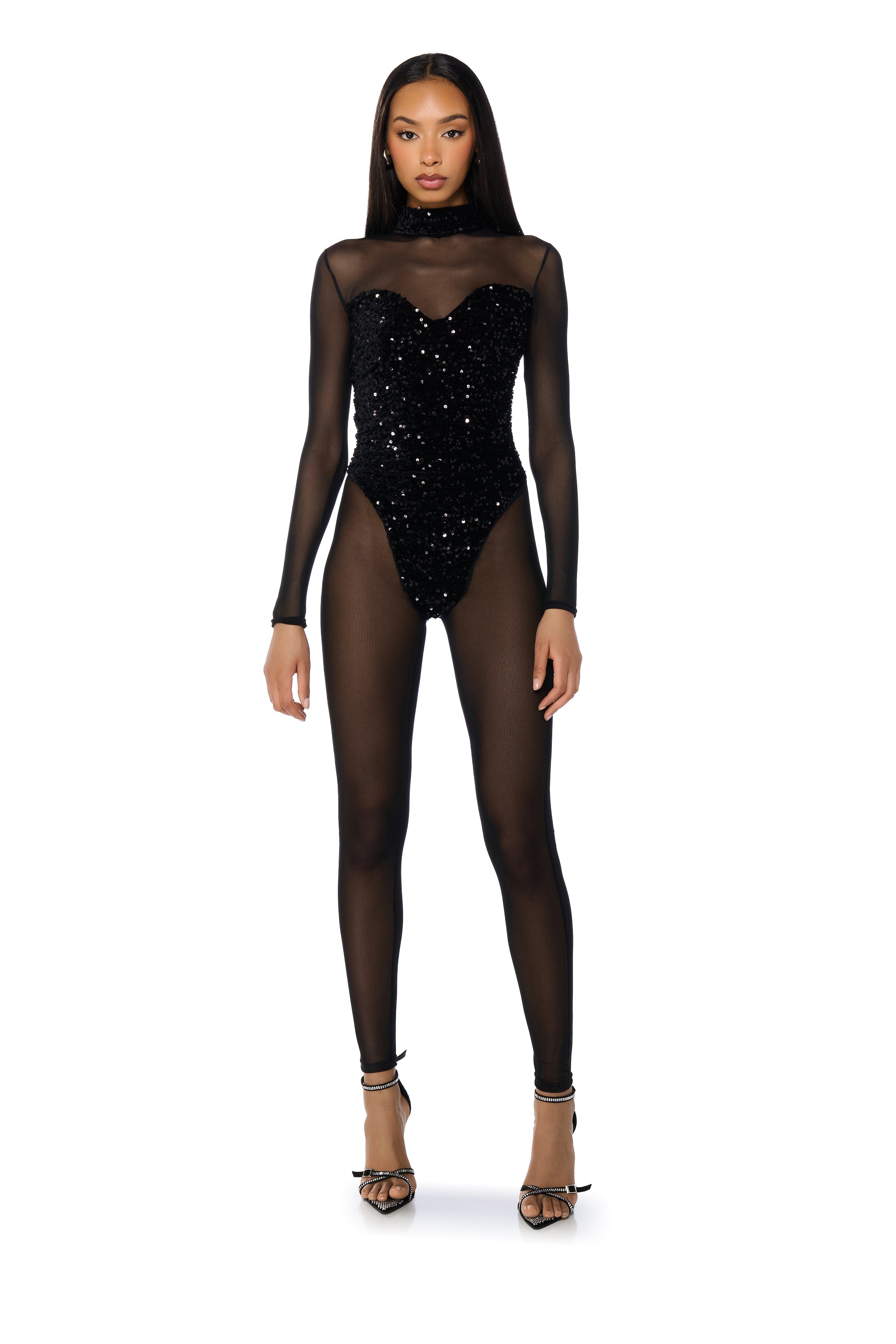 BAD GIRL SEQUIN MESH JUMPSUIT IN BLACK