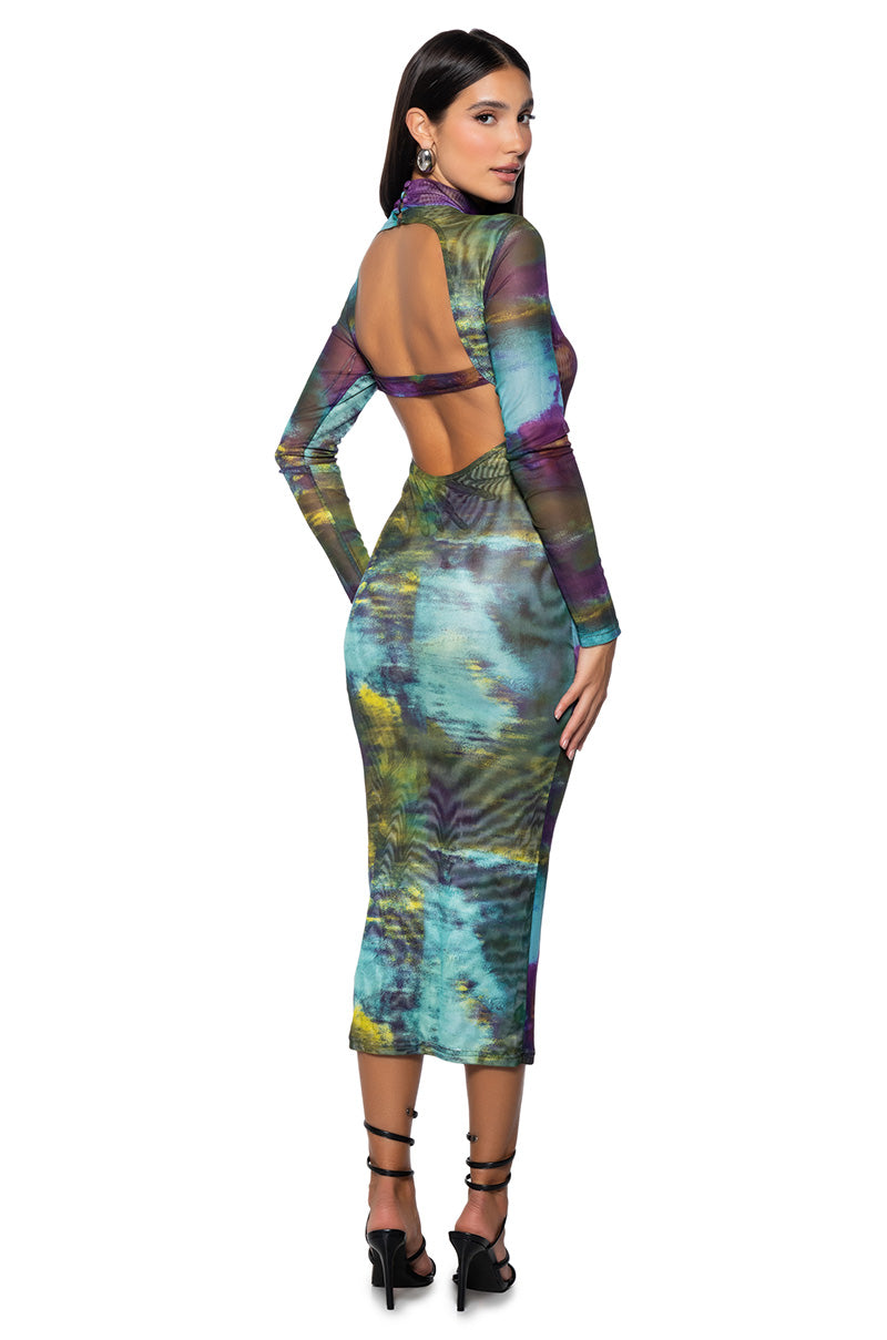 WATERCOLOR PRINTED MESH MIDI DRESS