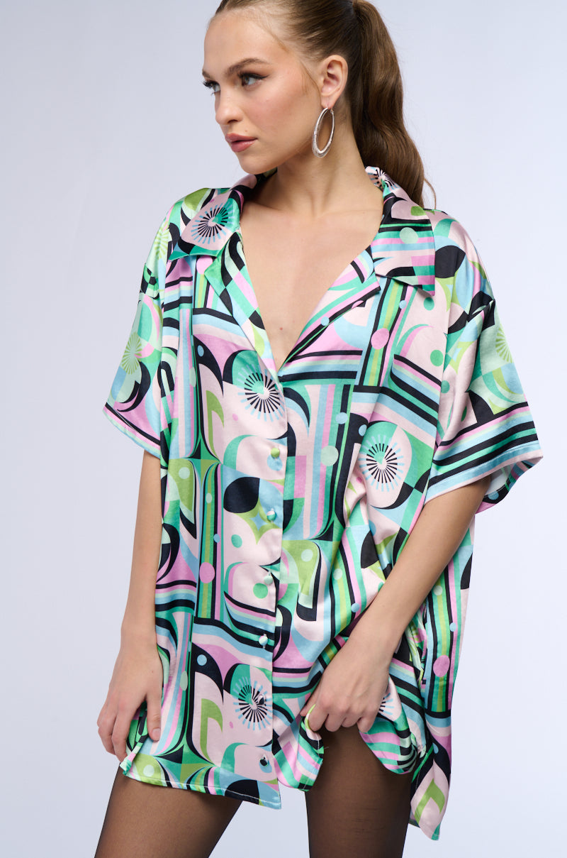 TAKE IT EASY SATIN BUTTON UP SHIRT DRESS