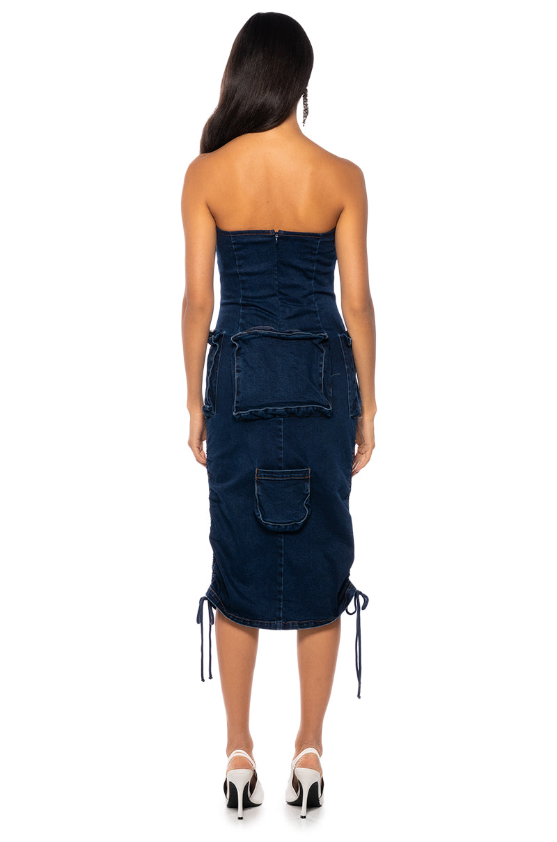 CHARLIE DENIM CARGO STRAPLESS MIDI DRESS
