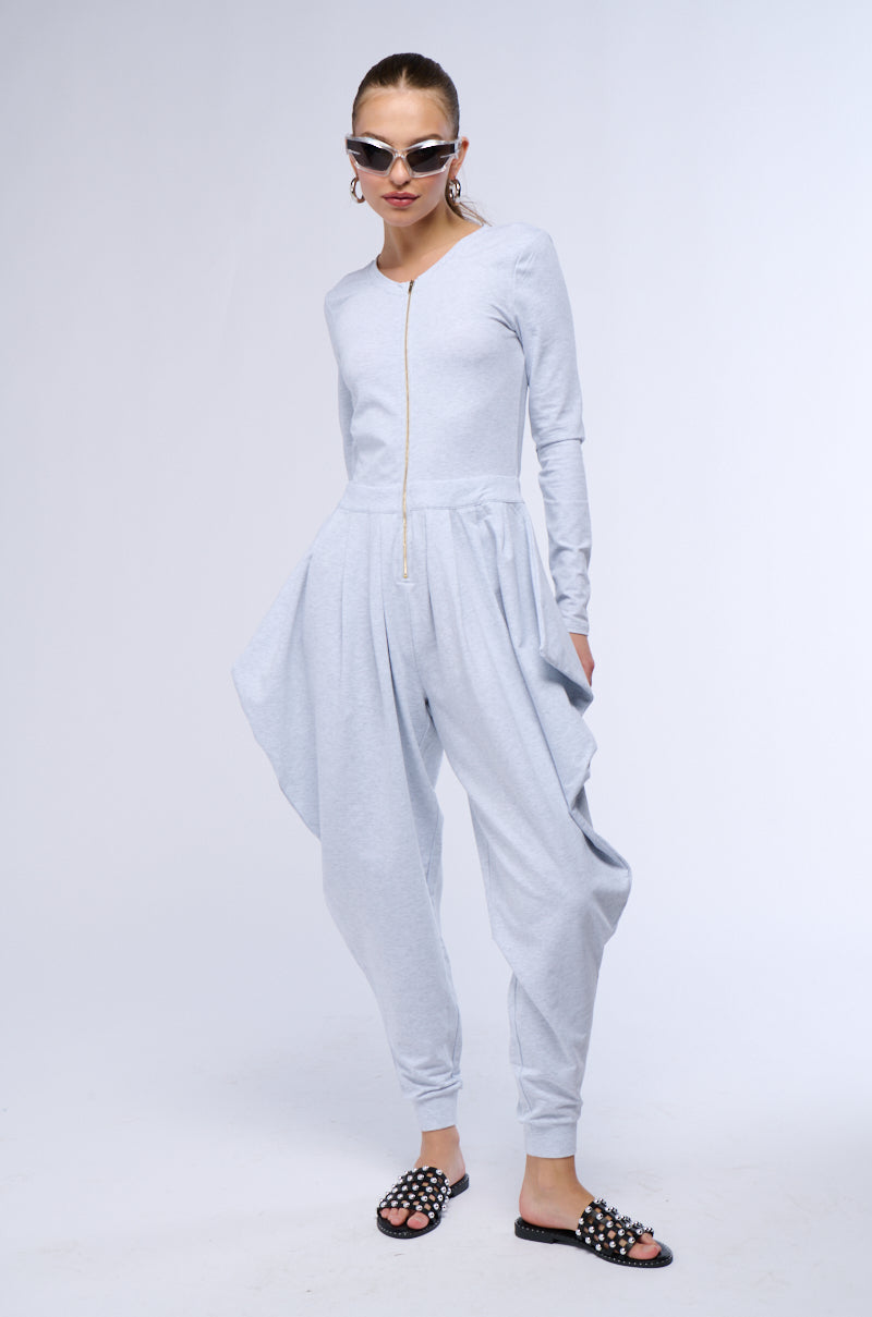 CATCH FLIGHTS NOT FEELINGS FRONT ZIP KNIT JUMPSUIT