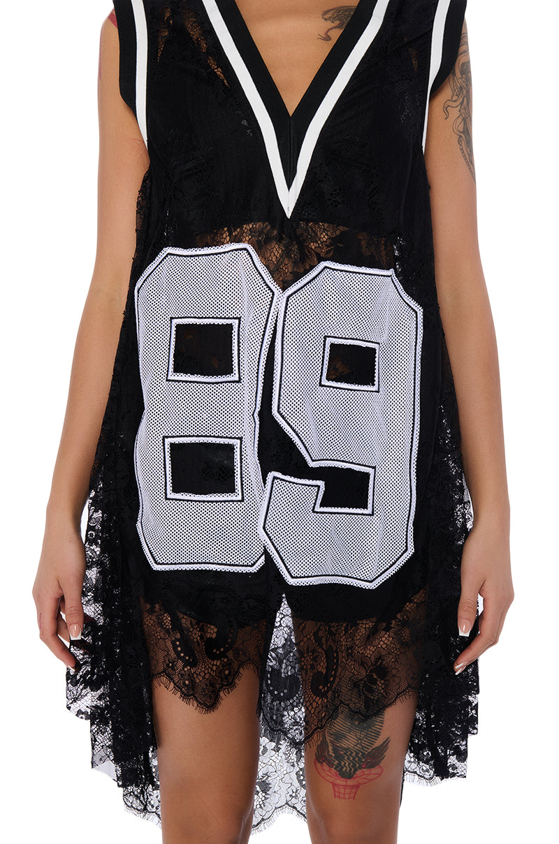 ON THE SIDELINES LACE JERSEY MINI DRESS