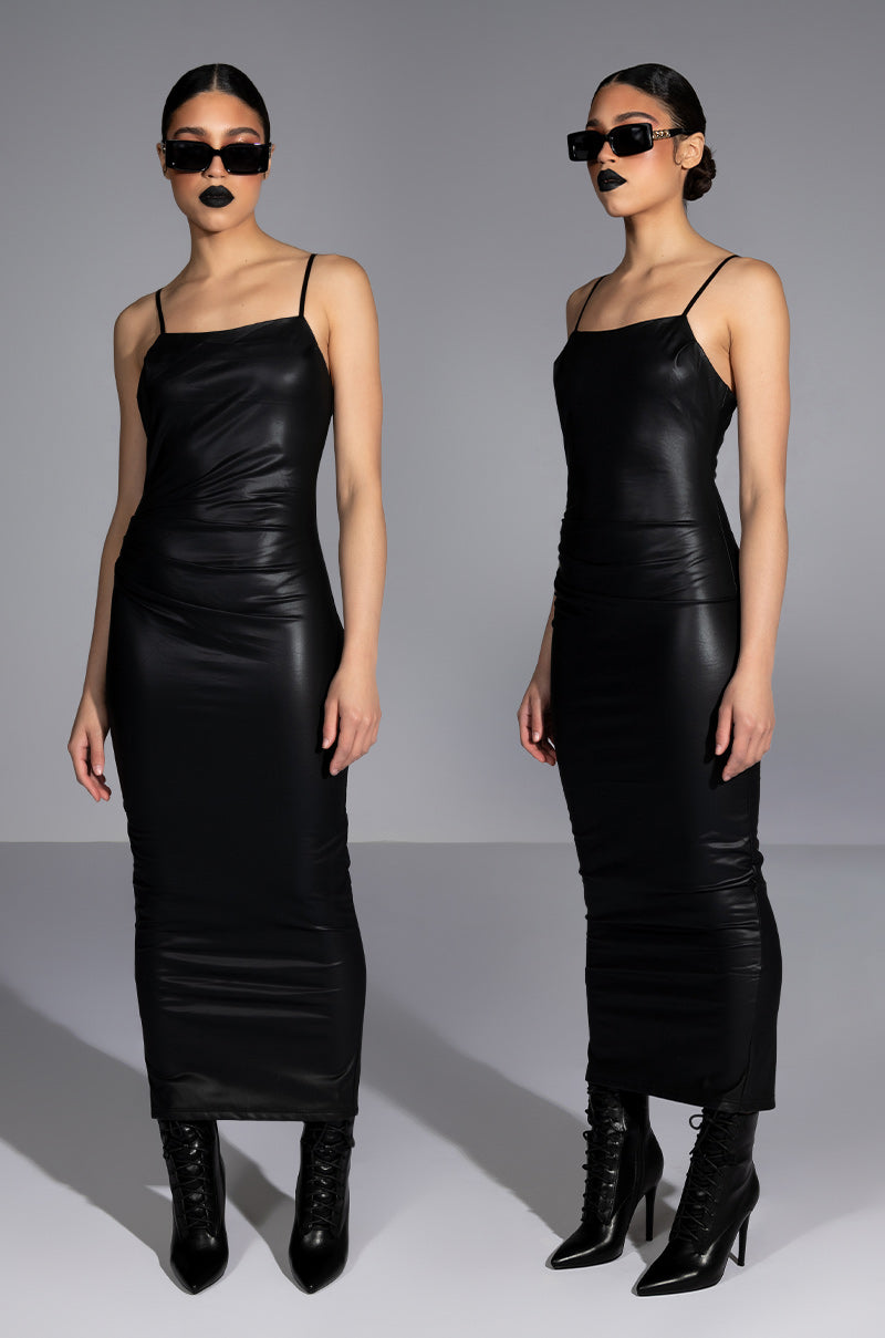 UP TO NO GOOD SLEEVELESS FAUX LEATHER MIDI DRESS WITH FOUR WAY STRETCH IN BLACK