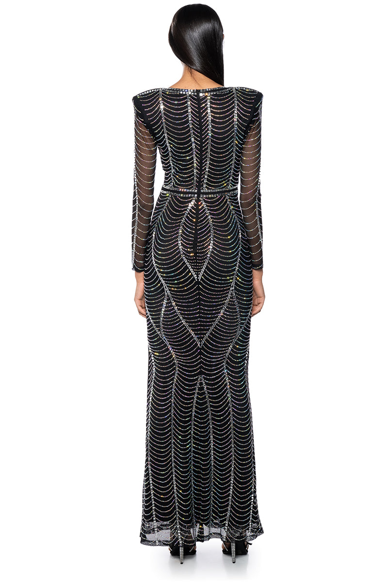 STUNNER RHINESTONE DETAIL MESH GOWN