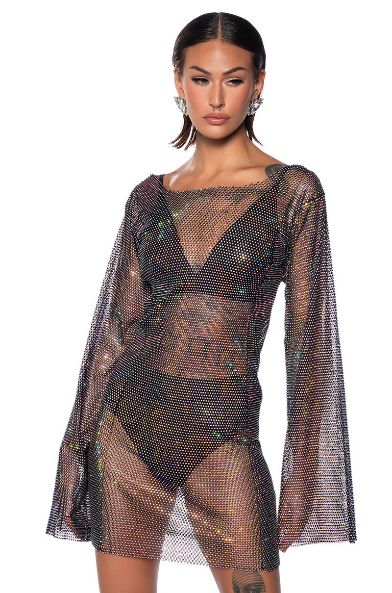 ANAIS RHINESTONE MESH LONG SLEEVE MINI DRESS IN BLACK