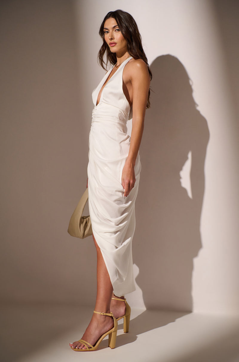 LOOK TWICE RUCHED MIDI DRESS IN WHITE