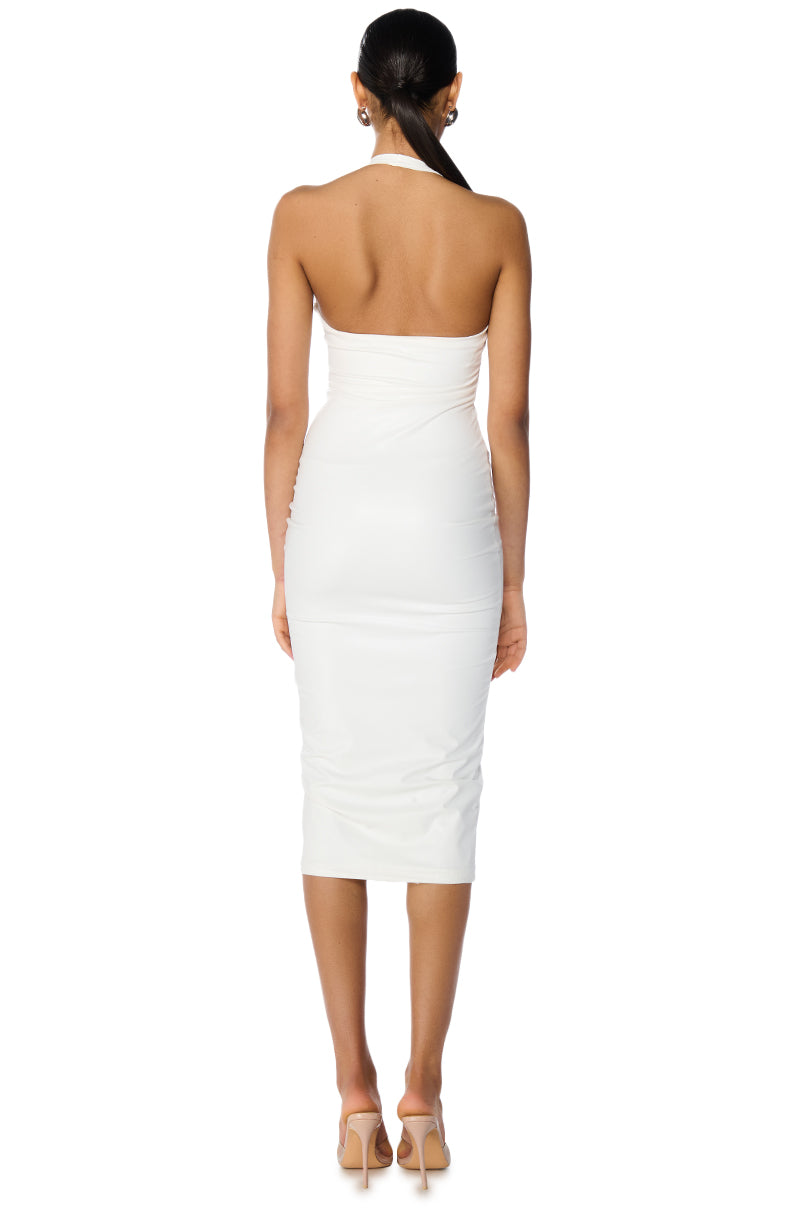 PAXTON DISCO HALTER NECK PU MIDI DRESS IN WHITE