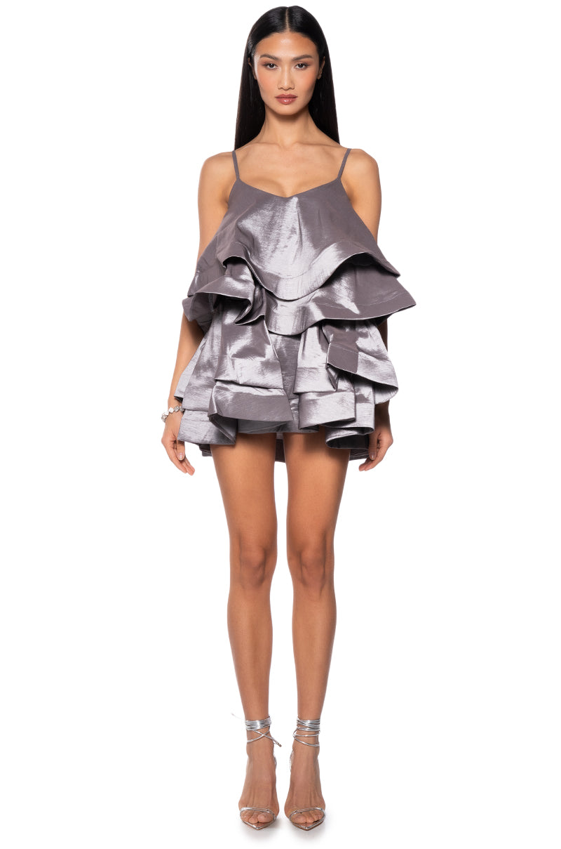 LOOKING FOR LUST RUFFLE MINI DRESS IN SILVER