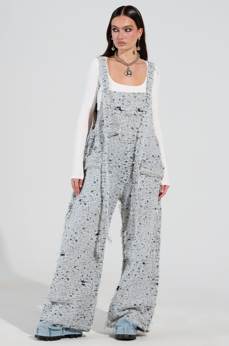 HERE TO SHRED DISTRESSED DENIM OVERALLS