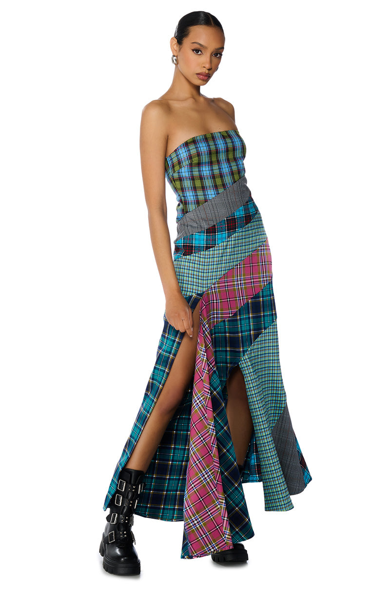 PATCHIN IT UP PLAID MAXI DRESS