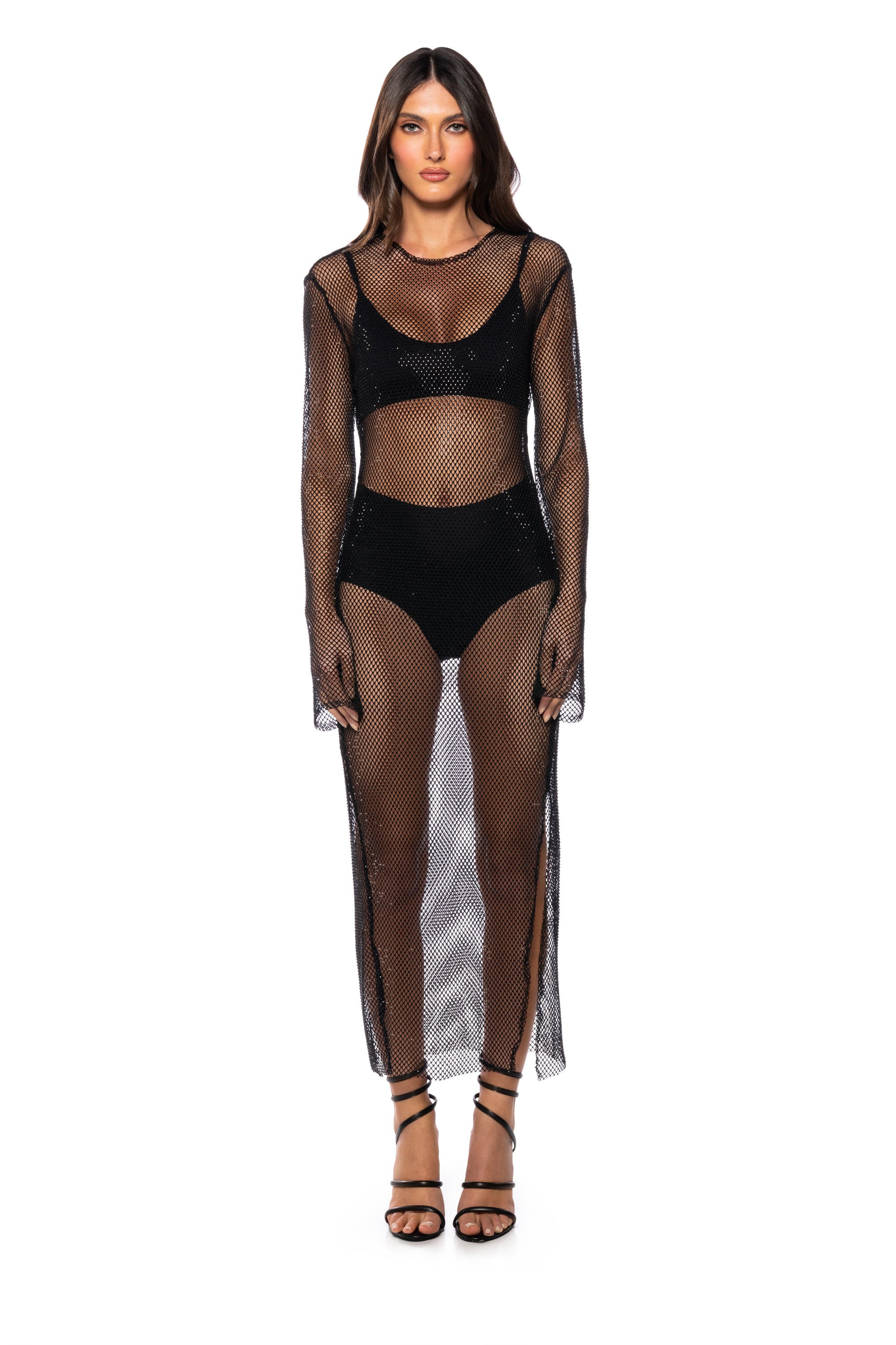 STAR OF THE NIGHT MESH LONGSLEEVE MAXI DRESS IN BLACK