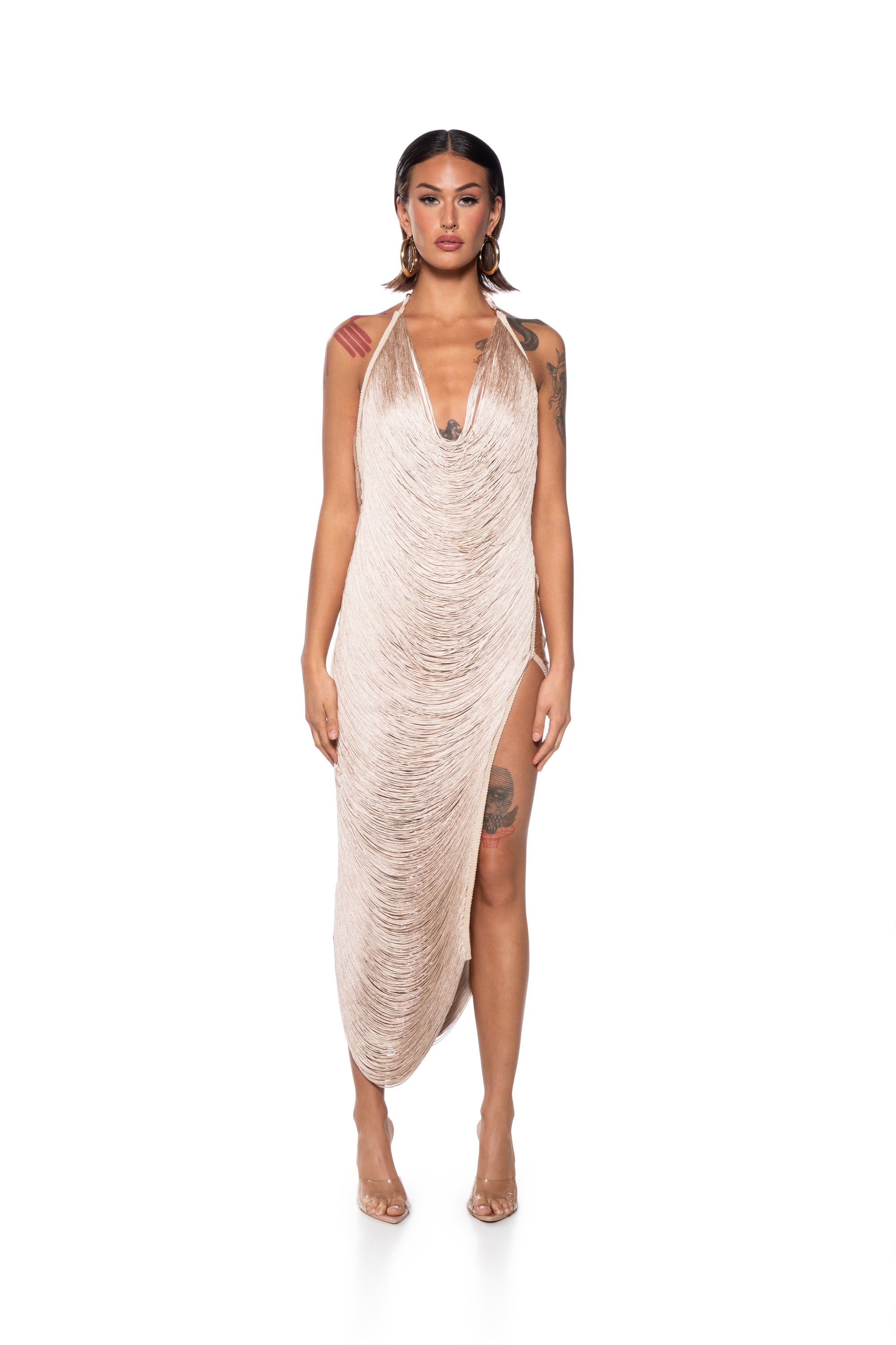 GIANINA FRINGED COWL NECK MAXI DRESS IN BEIGE