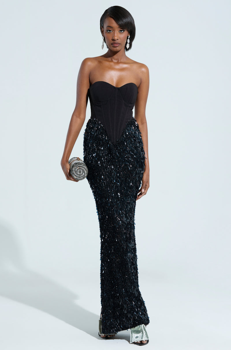 THE MAIN EVENT SEQUIN CORSET MAXI DRESS