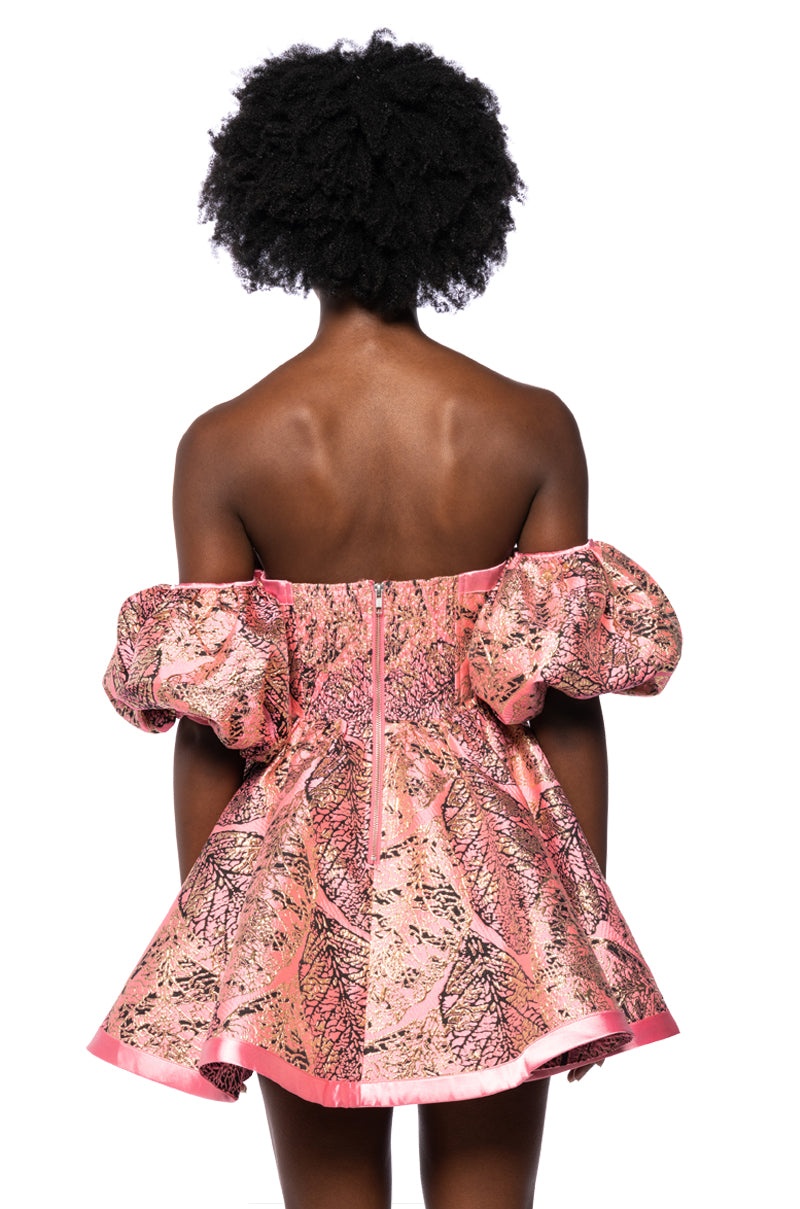 ELOISE OFF THE SHOULDER BROCADE DRESS