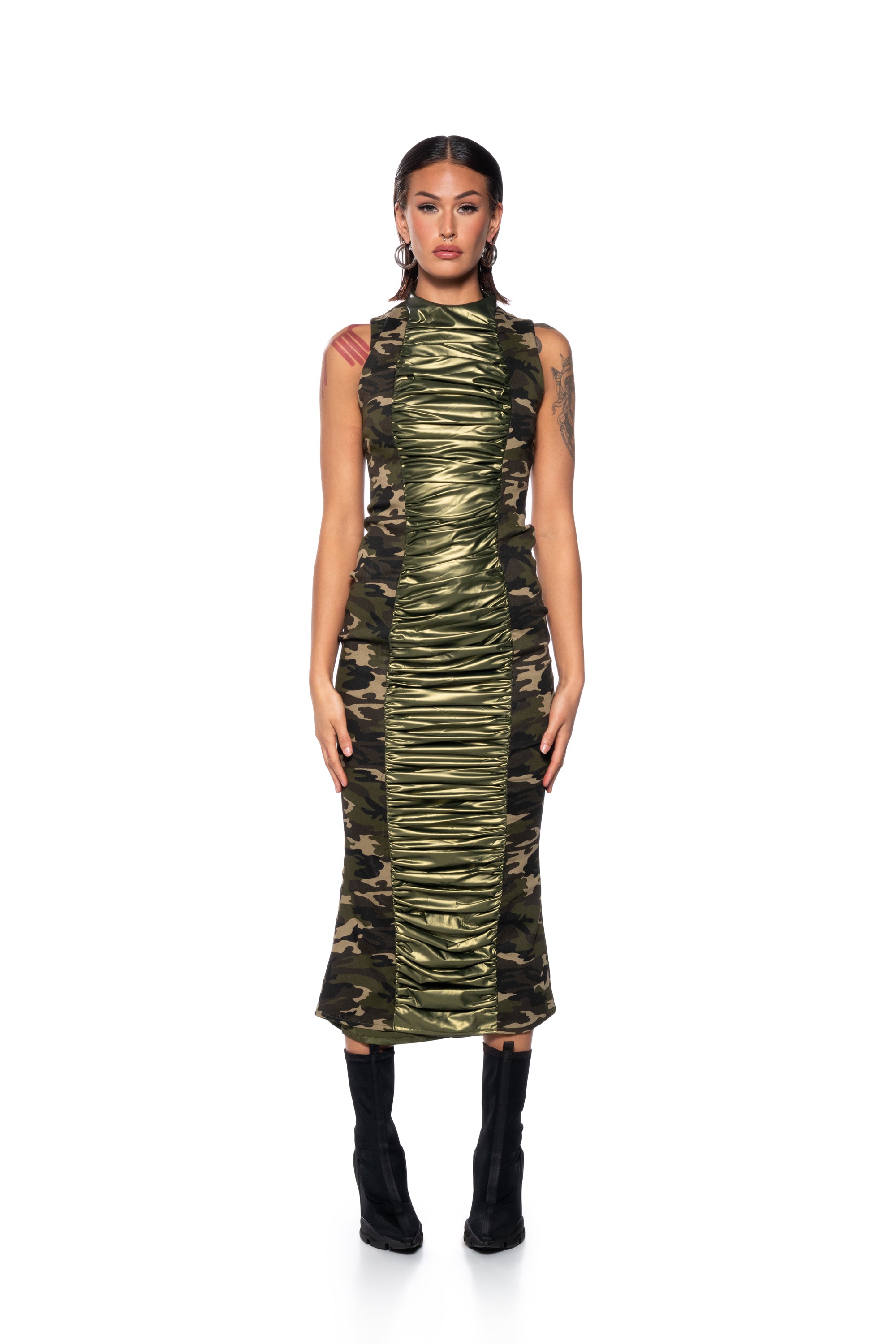 NOW YOU SEE ME RUCHED CAMO MIDI DRESS