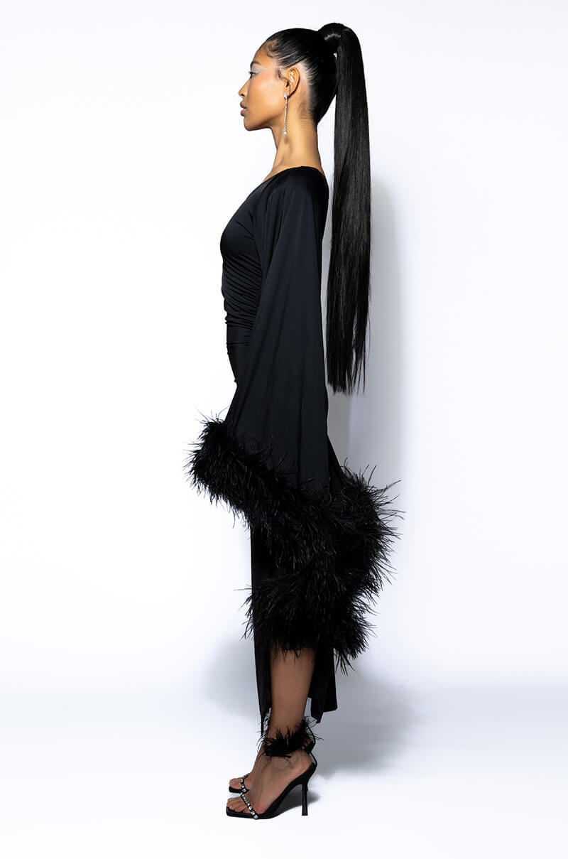 BRING THE DRAMA ONE SLEEVE FEATHER DRESS