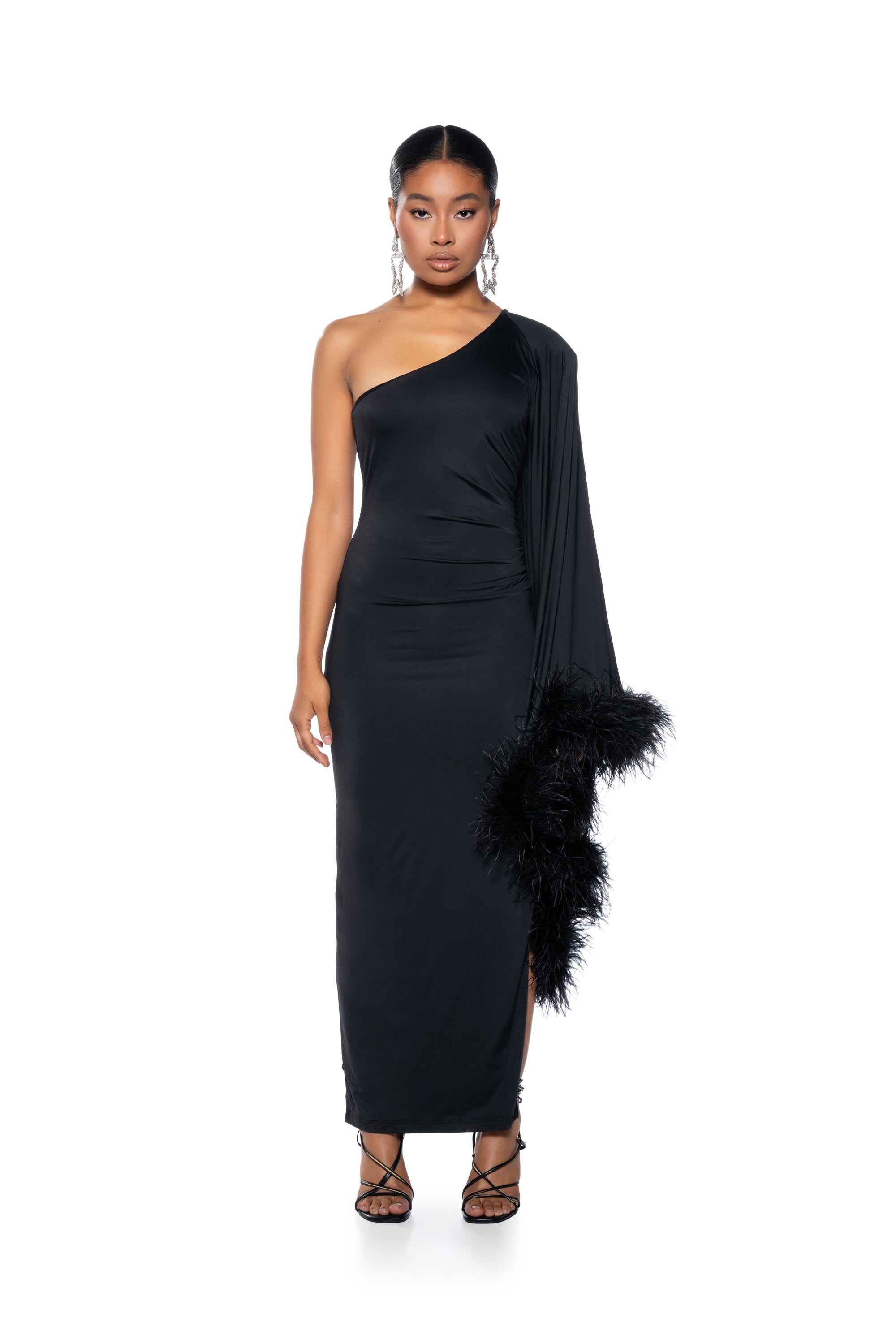 BRING THE DRAMA ONE SLEEVE FEATHER DRESS