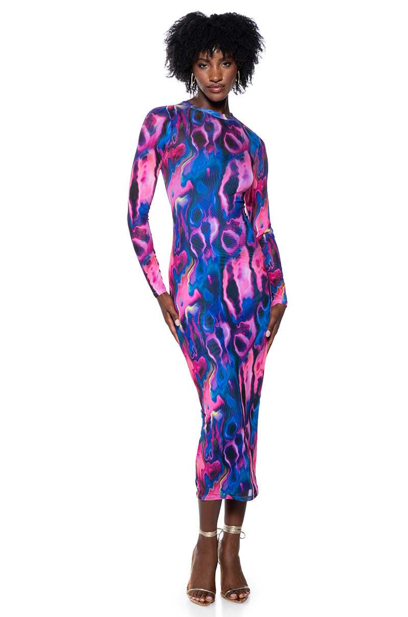 TAKE A RISK PRINTED MESH MAXI DRESS