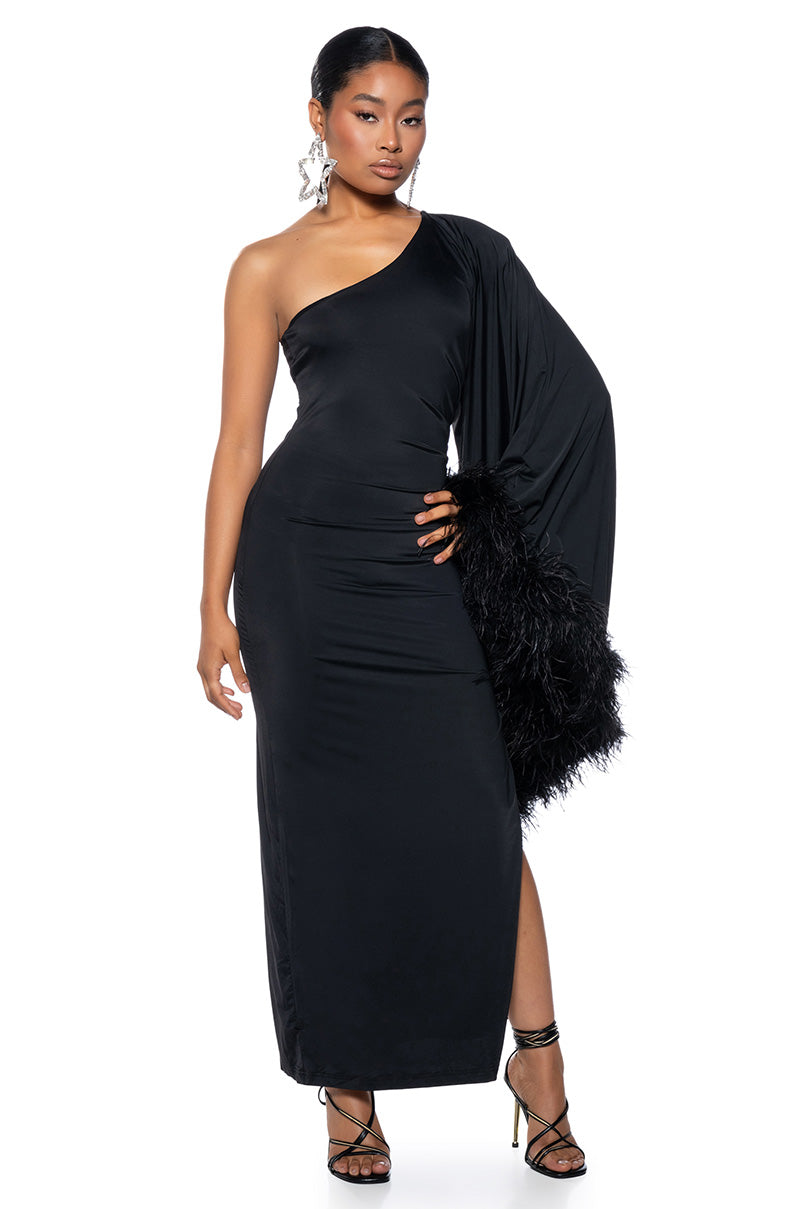 BRING THE DRAMA ONE SLEEVE FEATHER DRESS