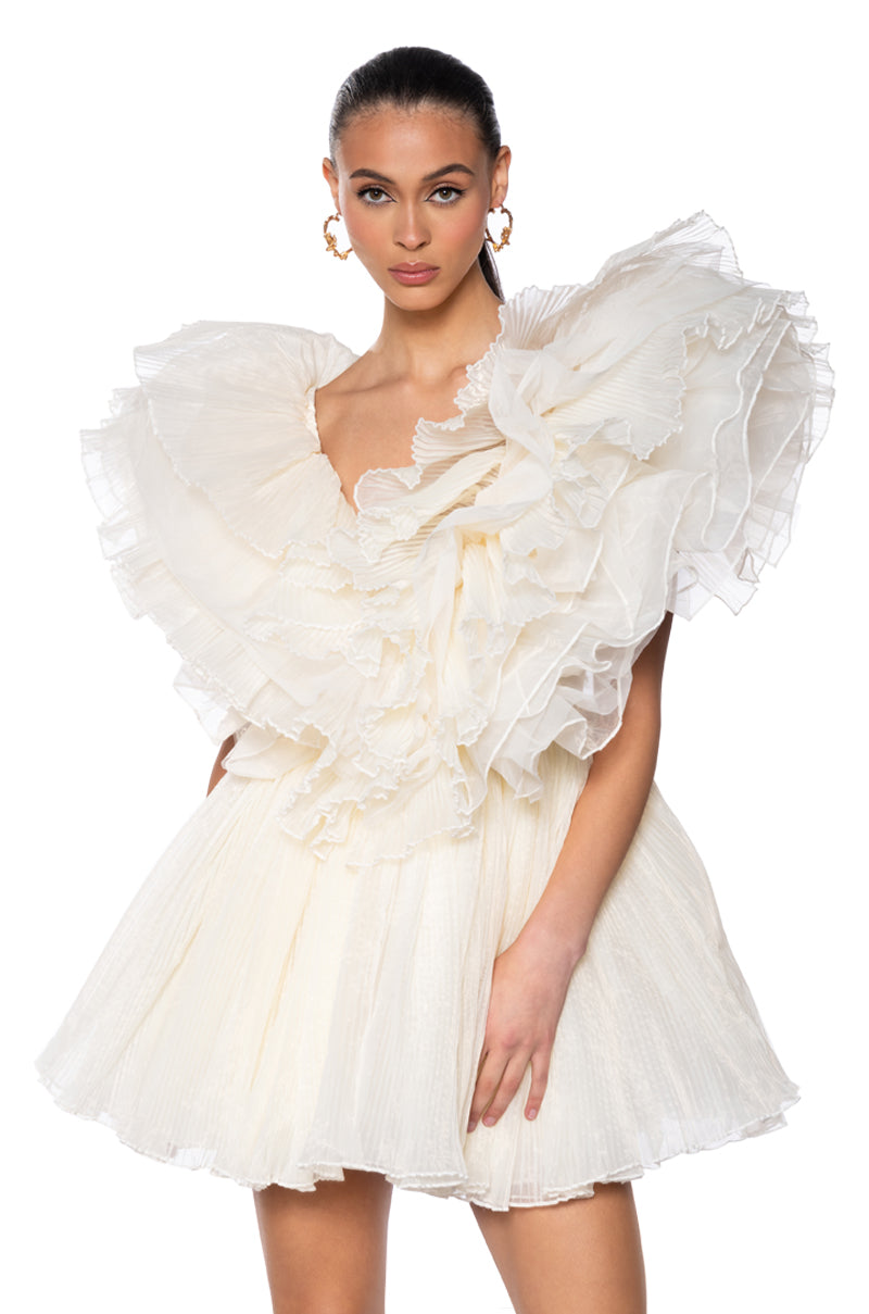 EVER AFTER RUFFLE SLEEVE PLEATED A LINE MINI DRESS IN IVORY