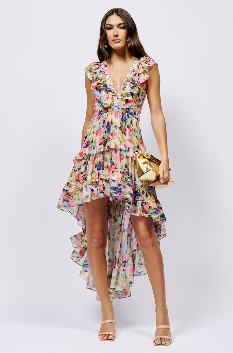 A WORK OF ART PRINTED HIGH LOW MINI DRESS