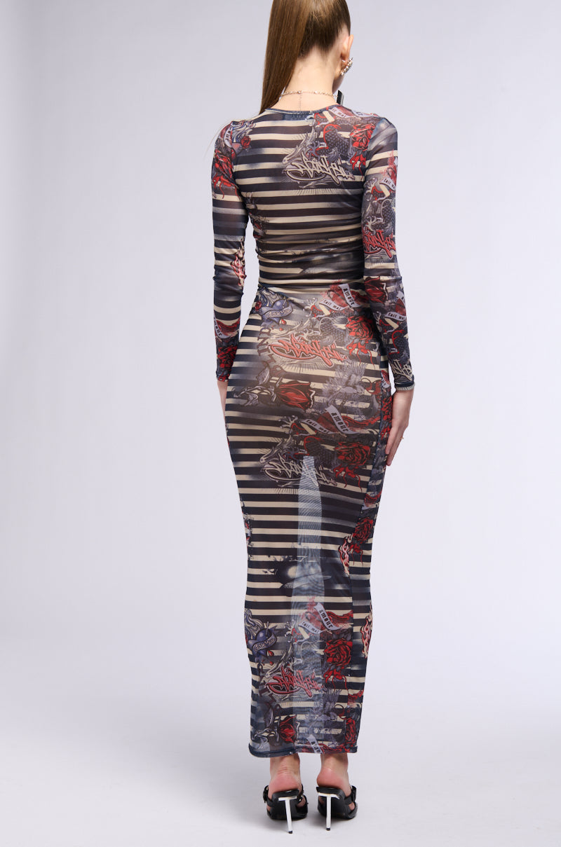 COOLEST GIRL ON THE BLOCK PRINTED MESH MAXI DRESS
