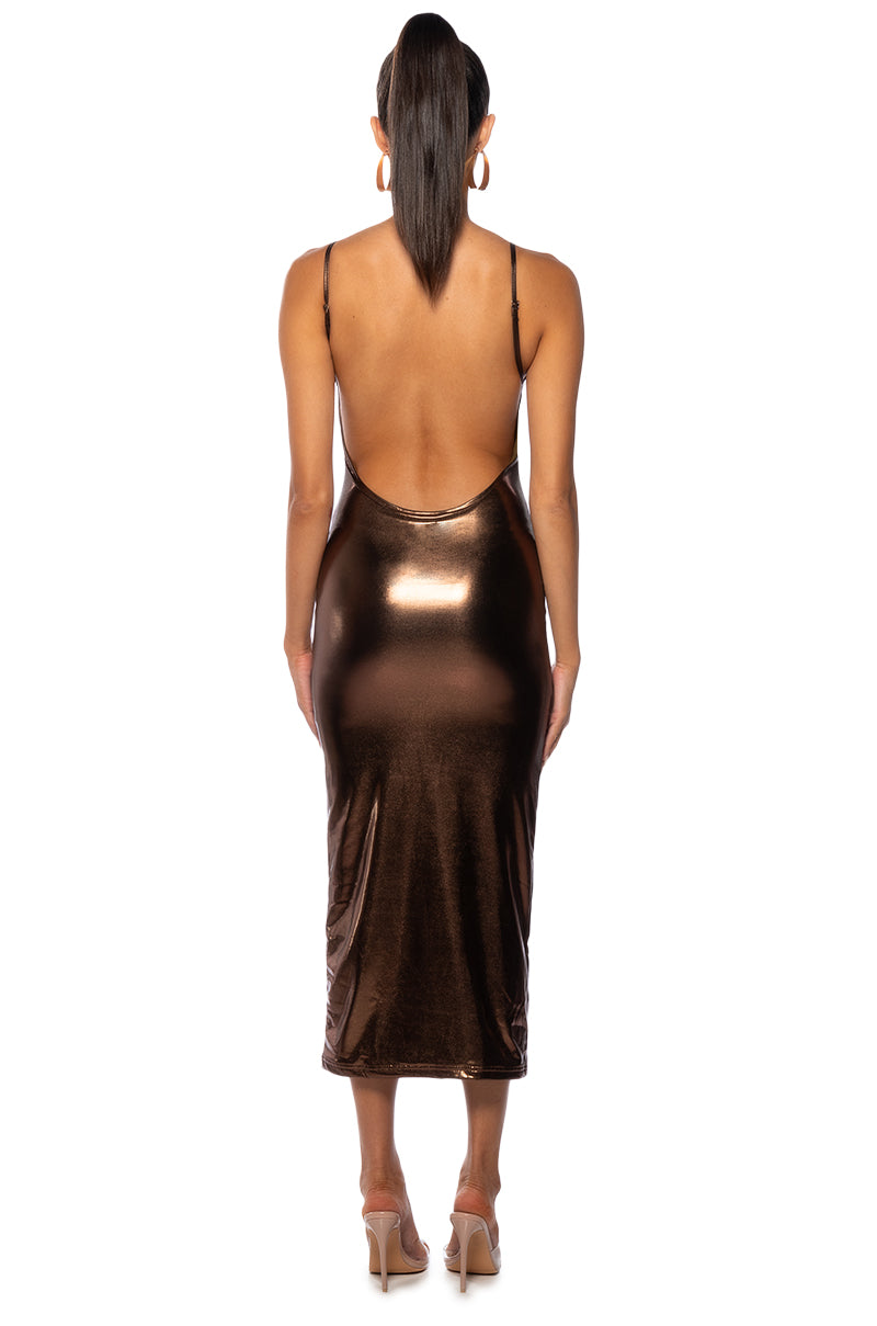 GLOW BABY BACKLESS METALLIC MAXI DRESS