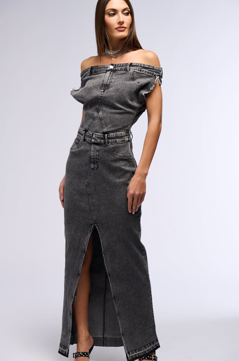 DERRIA OFF THE SHOULDER DENIM MAXI DRESS