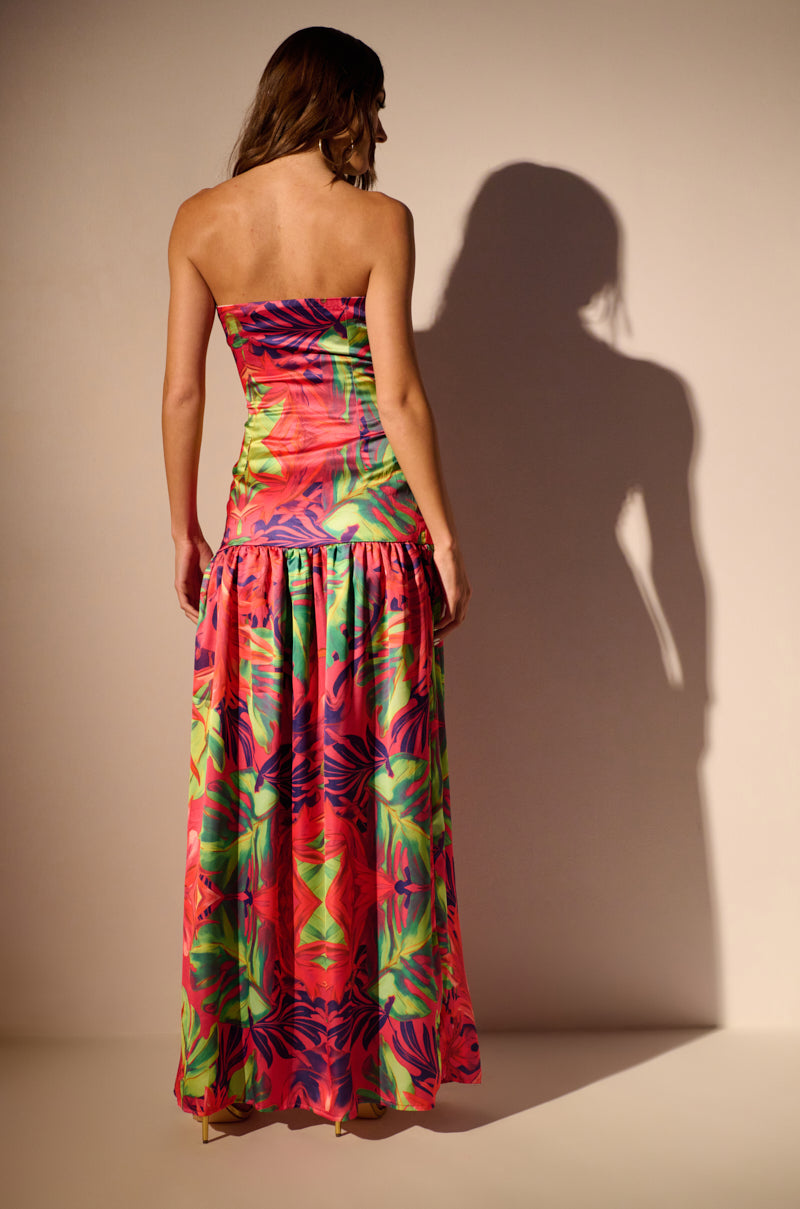 TROPICAL GETAWAY SATIN PRINTED MAXI DRESS