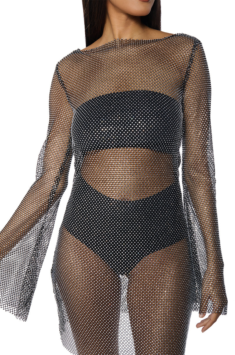 SHE ALL THAT RHINESTONE MESH MINI DRESS IN BLACK