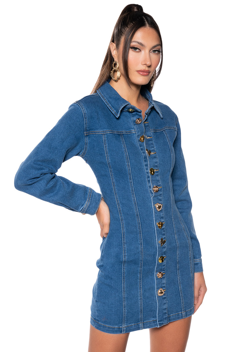 DON'T PUSH MY BUTTONS DENIM MINI DRESS