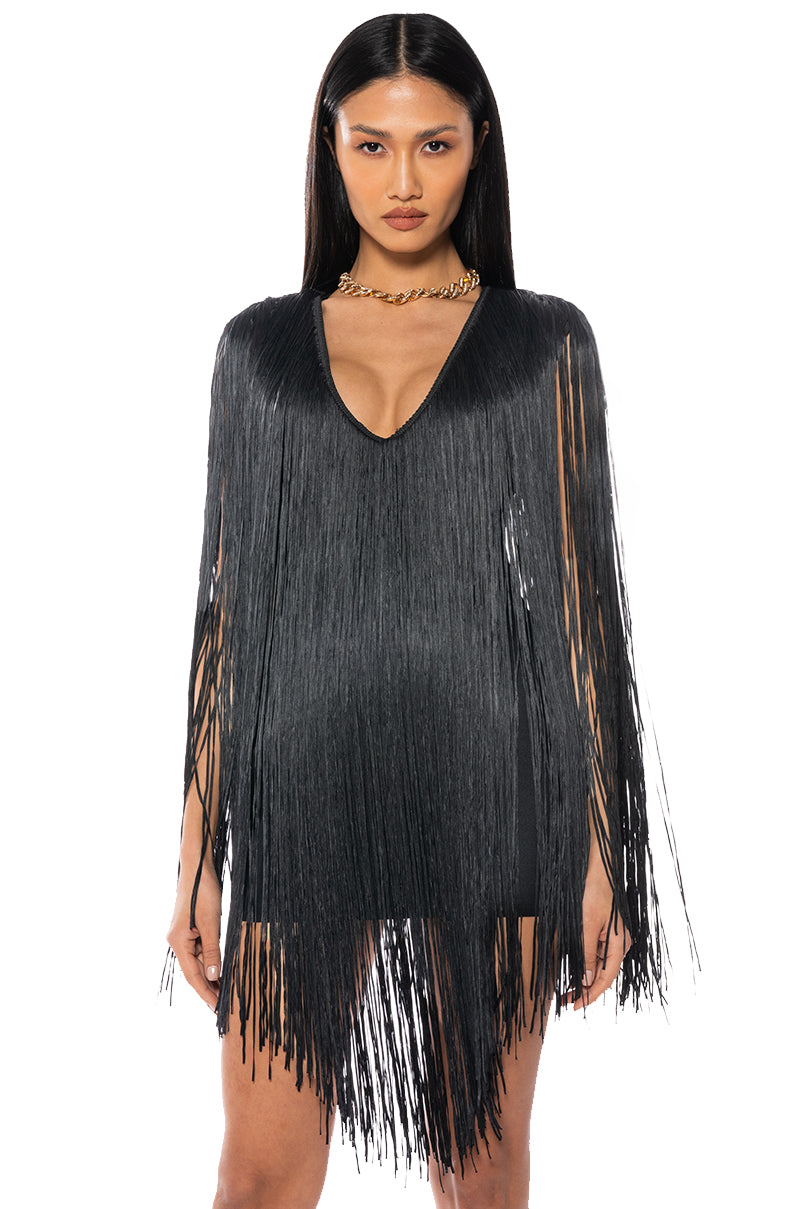 STEVIE DEEP V BANDAGE WITH FRINGE MINI DRESS